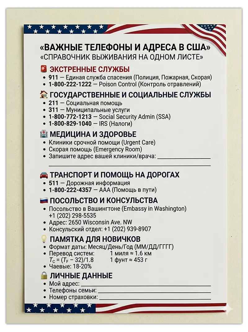 Важные телефоны и адреса в США на одном листе А4